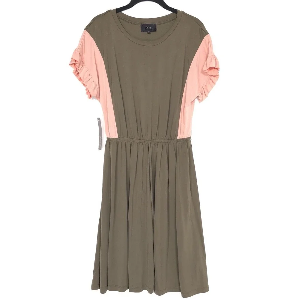 NWT Anthropologie COA Size SMALL Dress Women's Pink Olive Green‎ Ruffle Sleeve